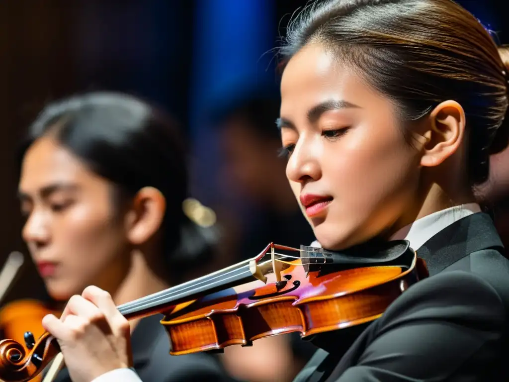 Concursos de violín más prestigiosos del mundo: Intensa competencia en un escenario elegante, con músicos concentrados y público atento