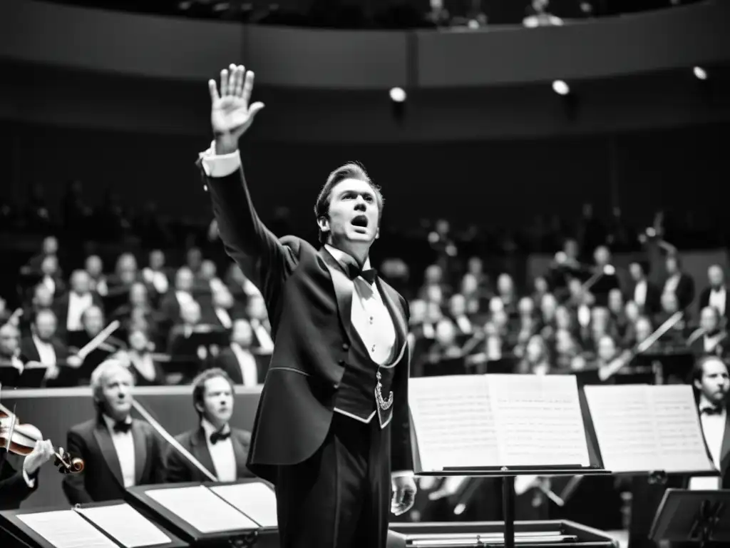 Conductor dirigiendo con intensidad a una orquesta, en un potente crescendo