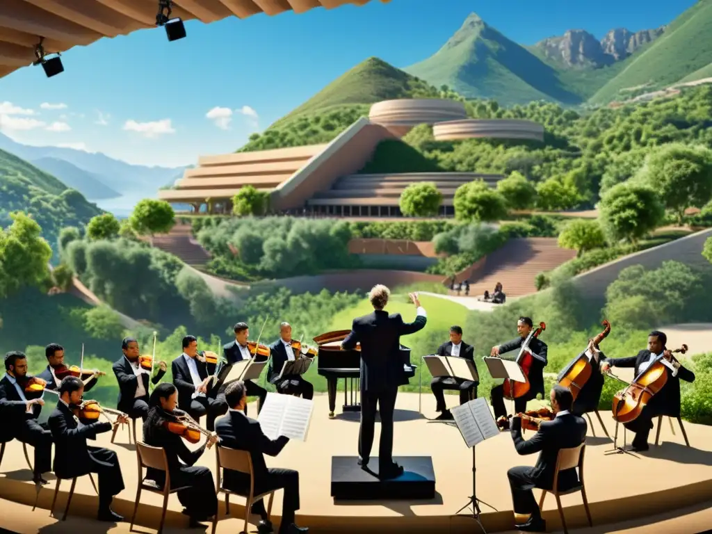 Conductor dirige orquesta en anfiteatro natural, simbolizando música sostenible en armonía con la naturaleza