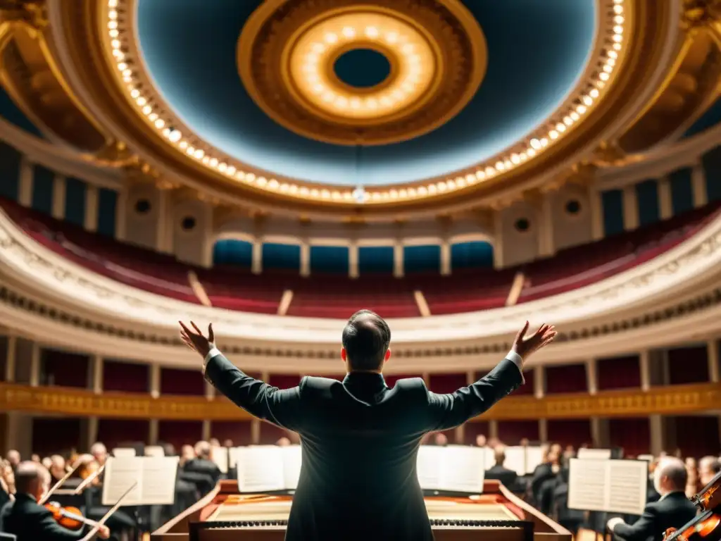 Conductor dirigendo orquesta en majestuosa sala de conciertos, reflejando la influencia global de la dirección orquestal y la pasión por la música