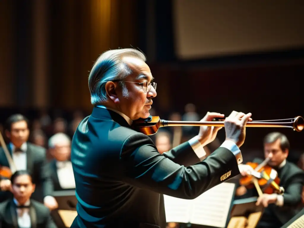 Conductor dirige orquesta en sala de conciertos, mostrando el efecto globalización en orquestas tradicionales