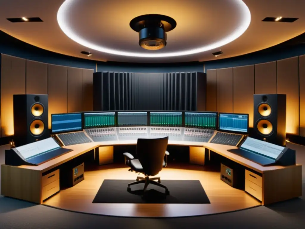 Estudio de grabación binaural de alta gama Una configuración de estudio de grabación binaural con micrófonos 360 grados, equipo de audio de alta gama y tratamiento acústico profesional