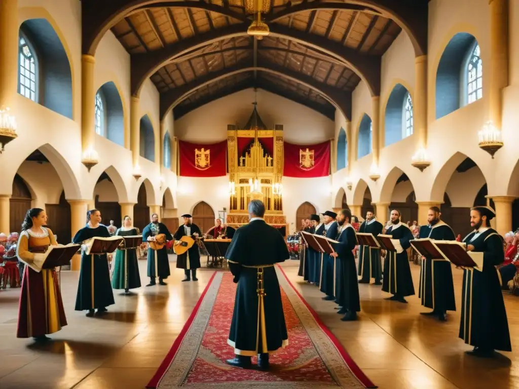 Un conjunto de chirimías medievales tocando en una majestuosa sala adornada