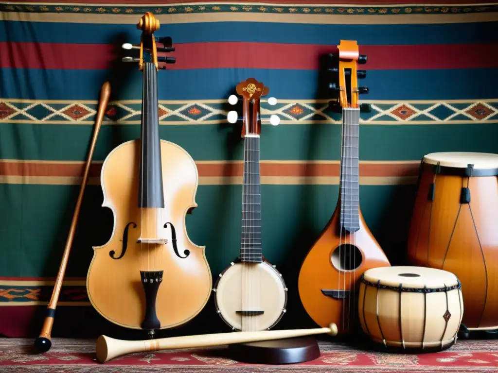 Un conjunto de instrumentos musicales tradicionales del mundo sobre una exquisita tela, resaltando la diversidad cultural y la artesanía detallada