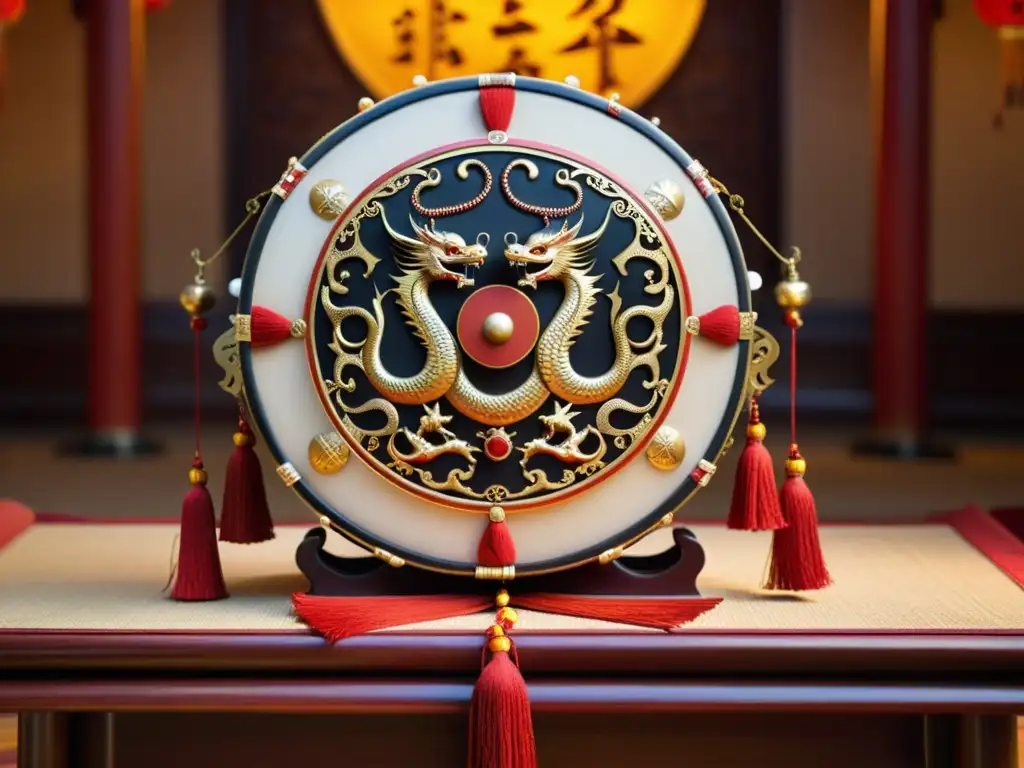 Un conjunto de instrumentos de percusión en ópera china, bellamente decorados con motivos tradicionales y bañados por una cálida luz