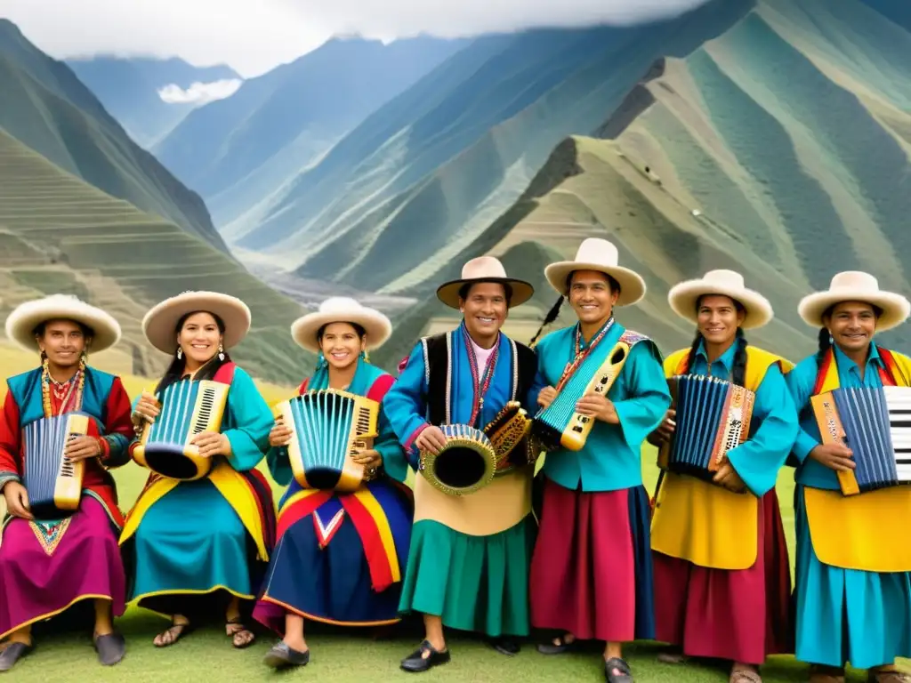 Un conjunto de músicos de flauta pan-Andina, vistiendo trajes tradicionales, interpretando melodías hipnotizantes en los Andes