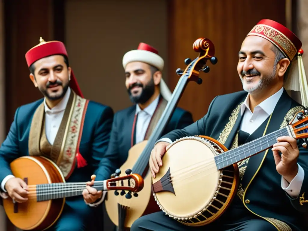 Un conjunto de músicos turcos interpreta con pasión el Saz, mostrando su diseño intrincado y expresiones apasionadas