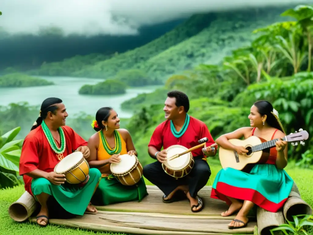 Conmovedora imagen de músicos indígenas panameños tocando el instrumento musical Pelimbu, rodeados de exuberante vegetación y viviendas tradicionales