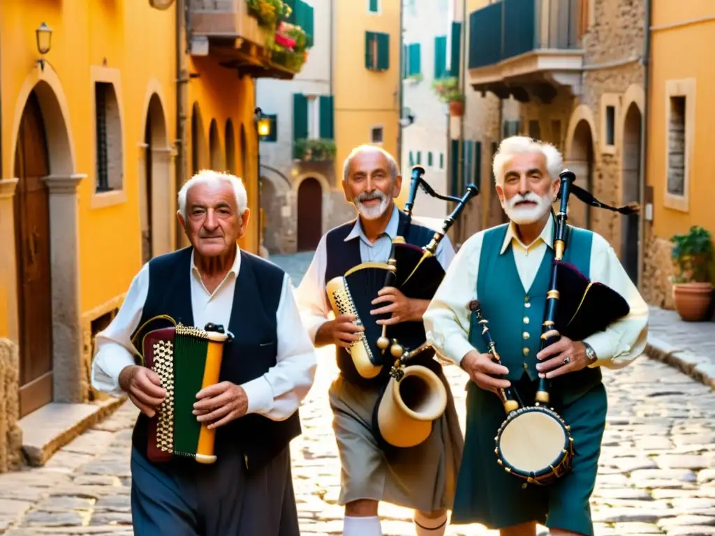 Conmovedores músicos italianos del Festival Zampogna: Sonidos olvidados Italia, tocando la zampogna bajo la cálida luz dorada del atardecer