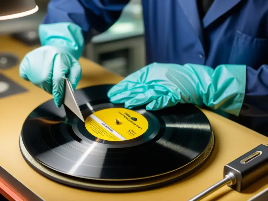 Un conservador restaura con cuidado un antiguo disco de vinilo en un laboratorio de conservación de museo