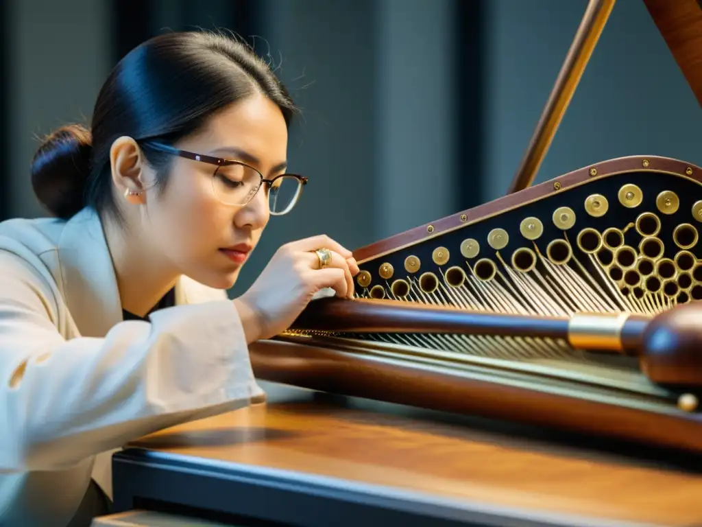 Un conservador restaura con cuidado un instrumento musical moderno, destacando la preservación de instrumentos musicales modernos