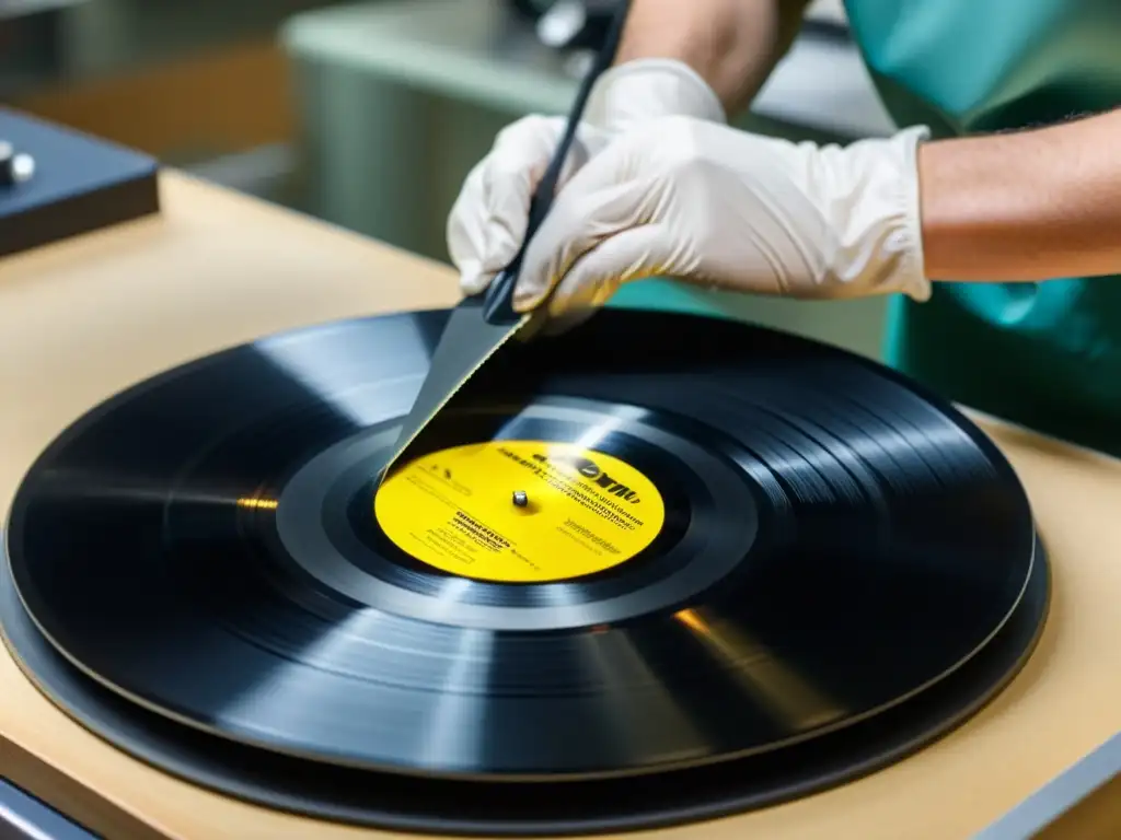 Conservador limpiando con cuidado un vinilo antiguo en laboratorio de conservación de museo