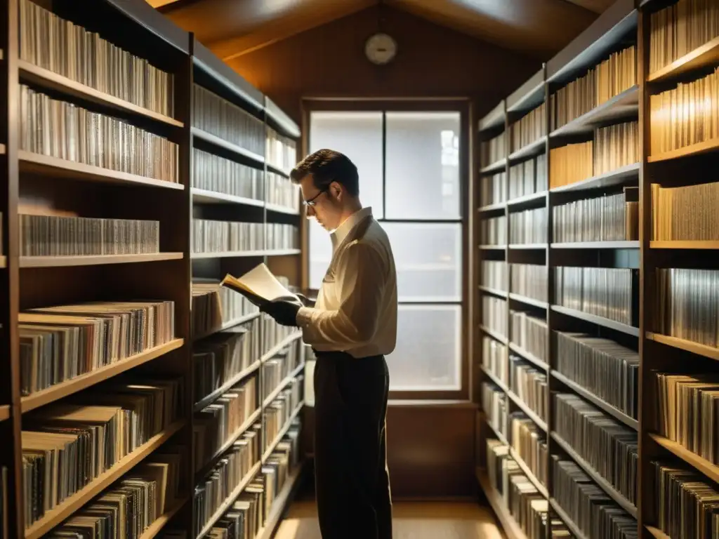 Un conservador examina con cuidado vinilos en una sala de archivos, destacando la preservación musical en instituciones en todo el mundo