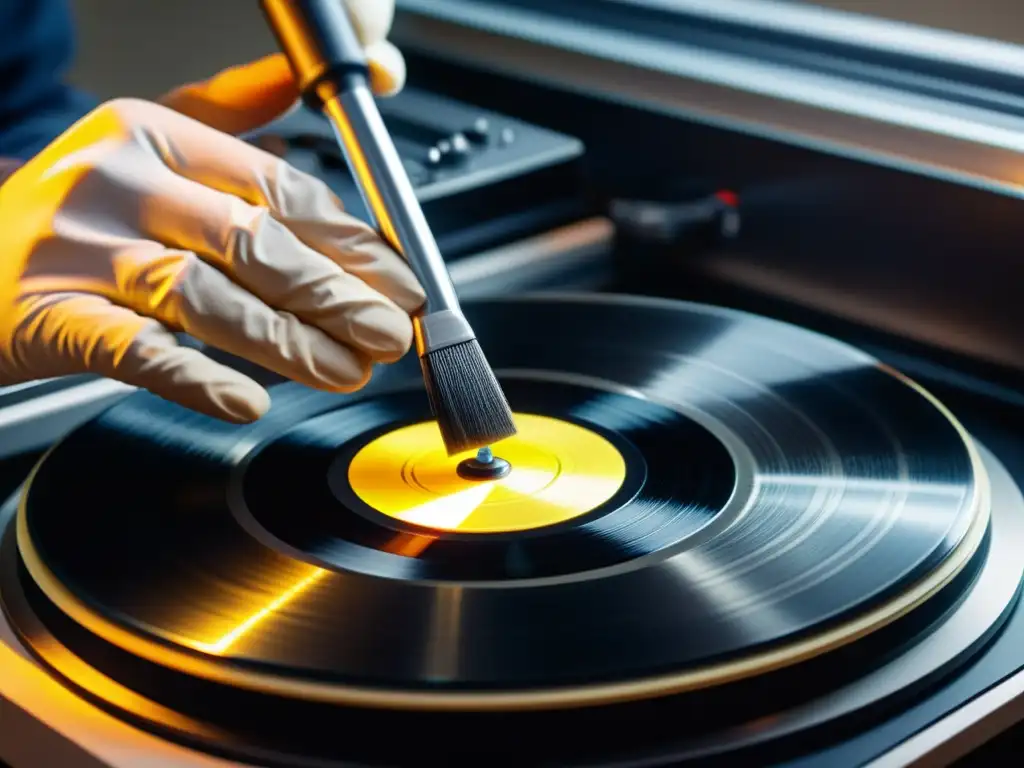 Un conservador experto limpia con cuidado los surcos de un vinilo histórico, resguardando grabaciones musicales con meticulosidad