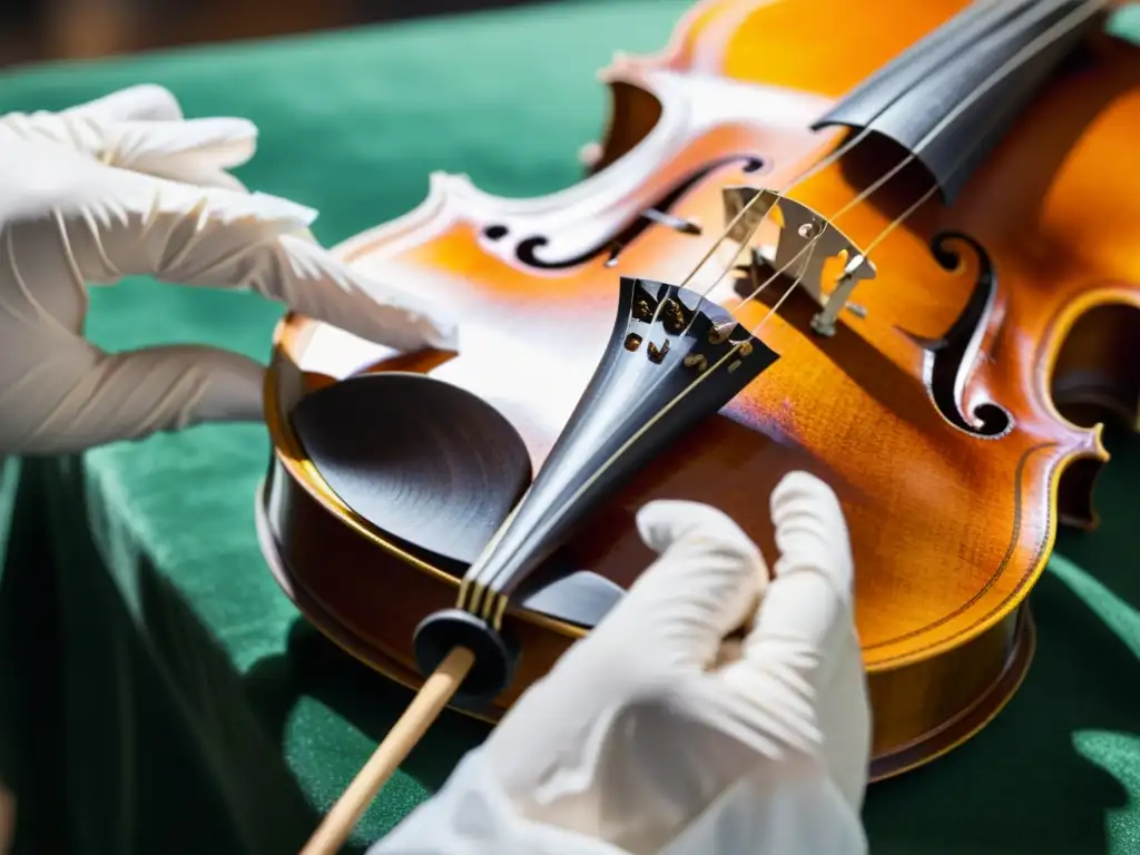 Un conservador limpia con cuidado un violín centenario, resaltando los desafíos éticos y técnicos en la preservación de instrumentos musicales