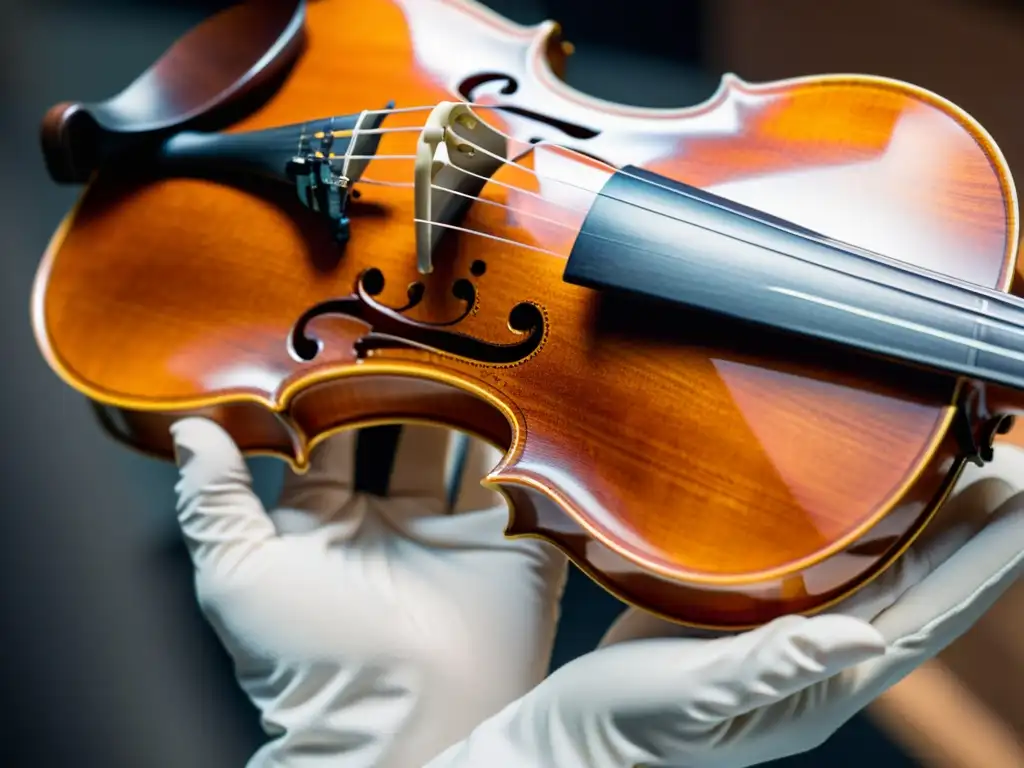 Un conservador examina detenidamente un violín Stradivarius bajo luz brillante, resaltando la artesanía