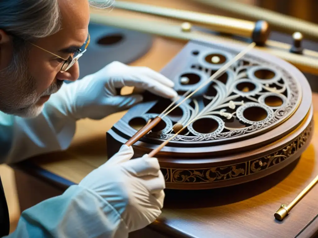 Un conservador de museo restaura con cuidado un antiguo instrumento musical, mostrando la dedicación en la conservación de instrumentos musicales en museos