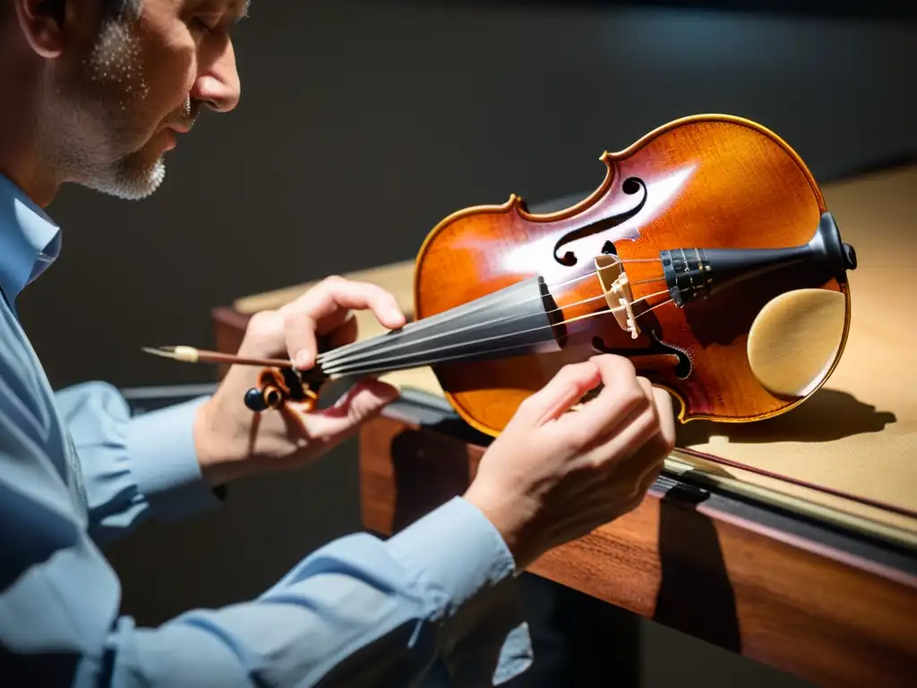 Un conservador restaura con precisión un violín centenario, aplicando barniz con cuidado bajo una luz brillante