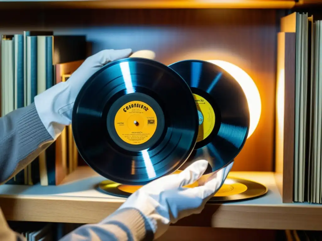 Un conservador retira con reverencia un vinilo, iluminado por una suave luz, rodeado de instrumentos musicales y discos vintage