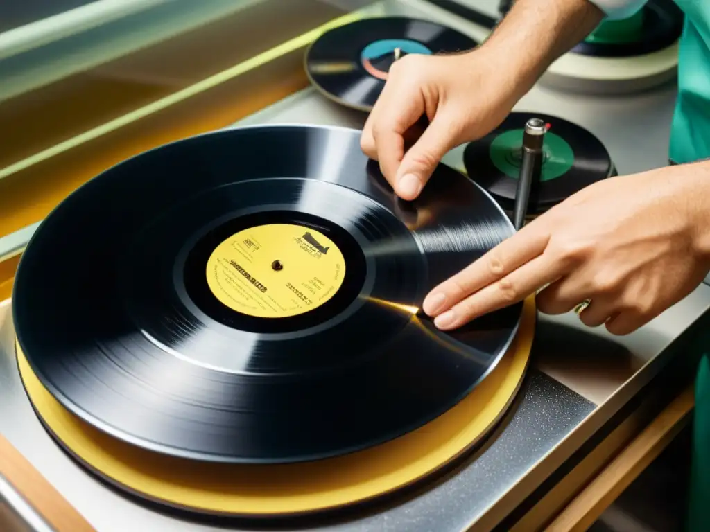 Conservador limpiando y preservando un vinilo vintage en laboratorio especializado