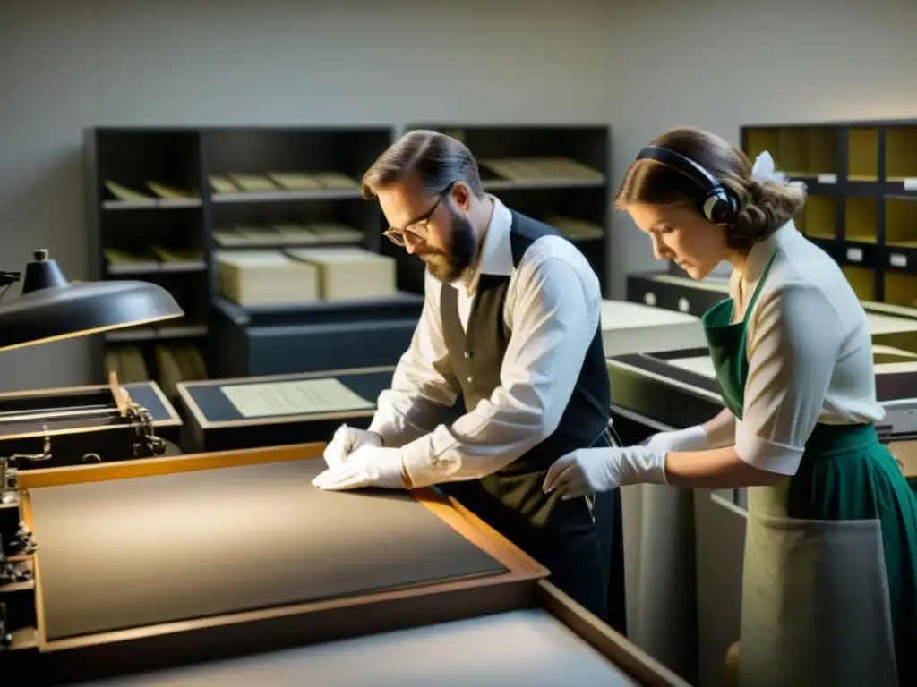 Conservadores restaurando con cuidado grabaciones musicales de la primera mitad del siglo XX en una sala de archivos atmosférica y tenue