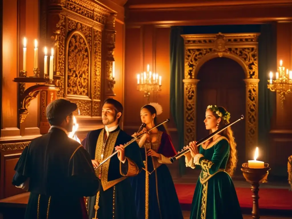 Un consort de flautas renacentistas interpreta música en una cámara ornamentada a la luz de las velas, evocando elegancia y refinamiento