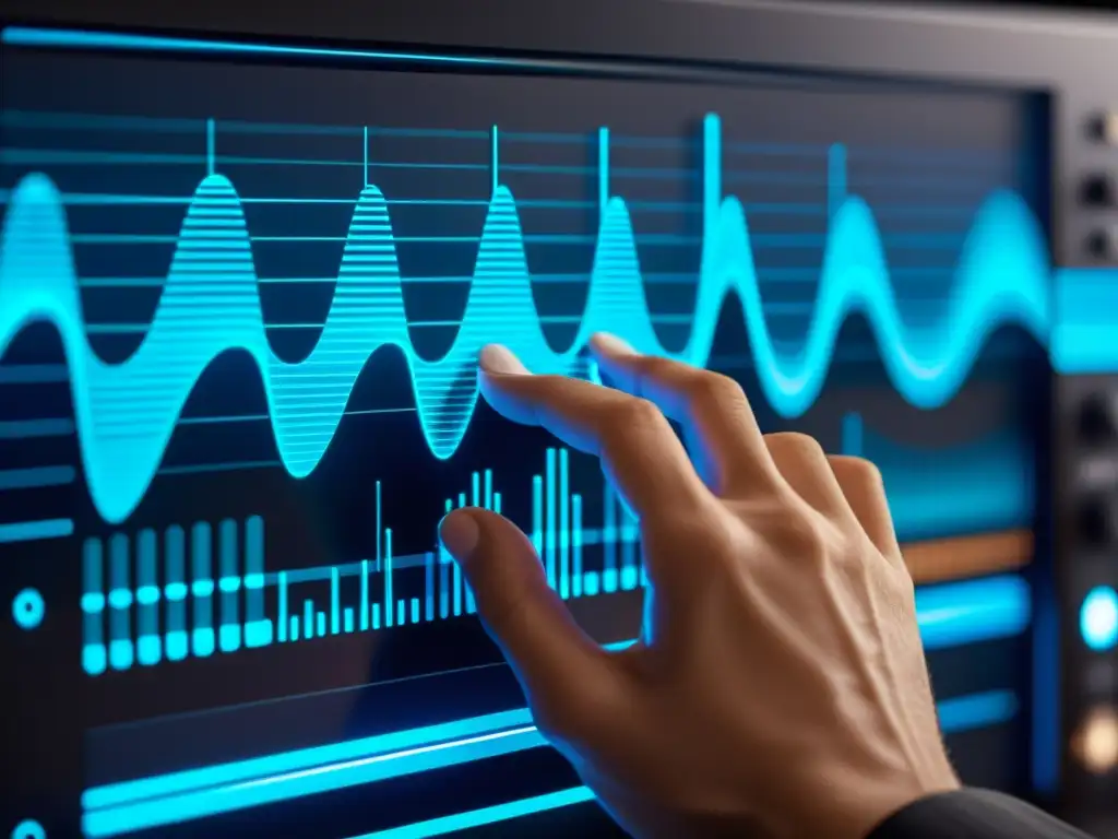 Construcción de instrumentos musicales digitales: Músico manipulando onda sonora con instrumento electrónico moderno