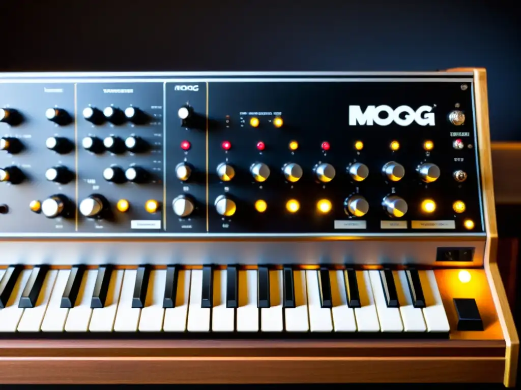 El Moog sintetizador historia construcción sonido se muestra en un closeup, con sus intrincados controles y cables creando una red de conectividad