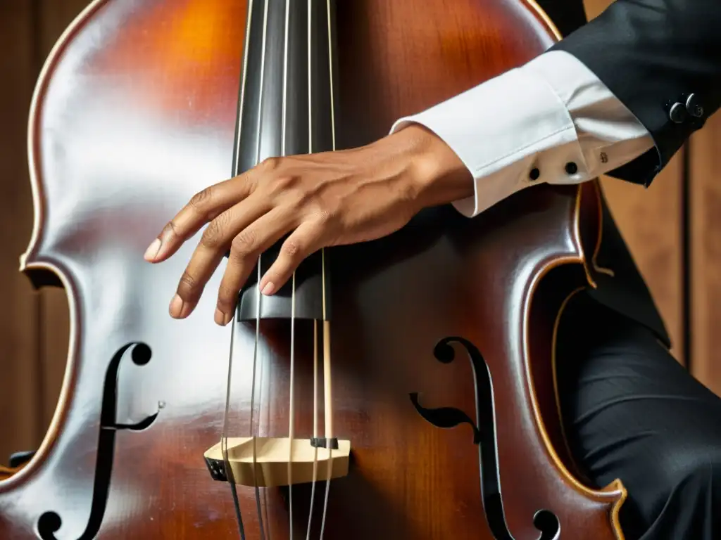 Un contrabajista experto ejecuta el instrumento con destreza, capturando la esencia cultural del choro brasileño