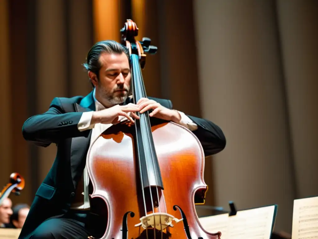 Un contrabajista experto interpreta con pasión en la orquesta, destacando la importancia del contrabajo en la música sinfónica