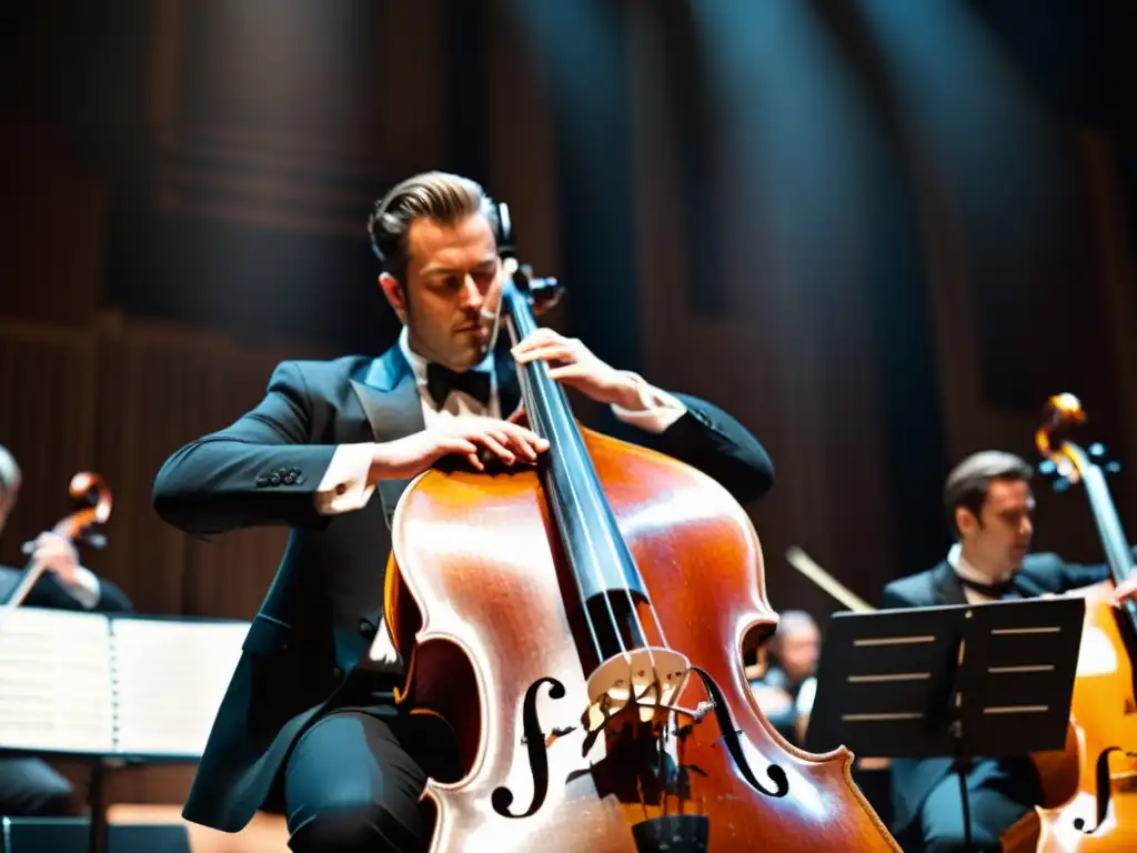 Un contrabajista de orquesta ejecuta con precisión, mostrando la técnica y el sonido profundo del instrumento