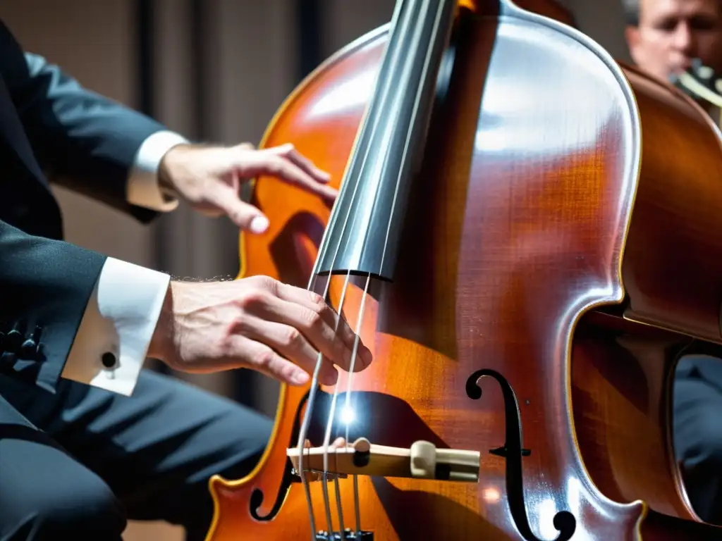 Un contrabajista profesional concentra su destreza en el instrumento, plasmando la importancia del contrabajo en orquesta