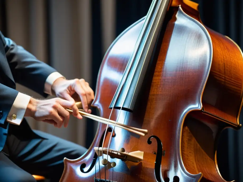 Un contrabajista profesional pluckea las cuerdas de su instrumento, mostrando la técnica y el sonido del contrabajo orquestal