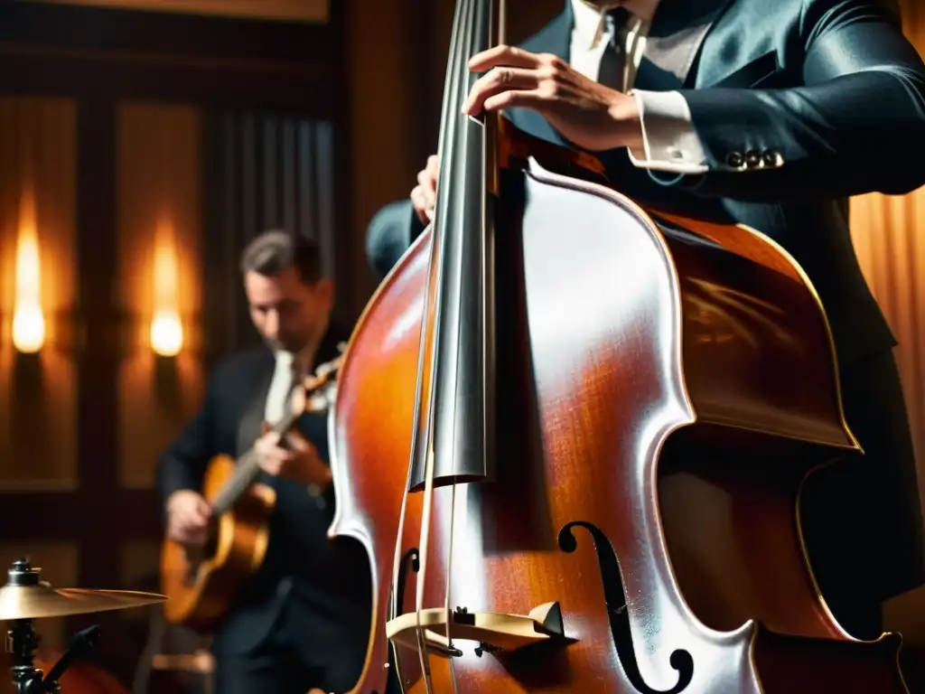 Contrabajo vintage en acción: Músico tocando en club de jazz Un contrabajo vintage es tocado por un músico en un club de jazz