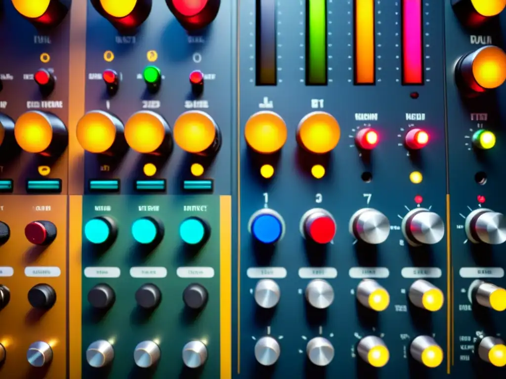 Control panel de estudio de grabación con botones y perillas coloridas, capturando la expresión musical en una escena visualmente cautivadora