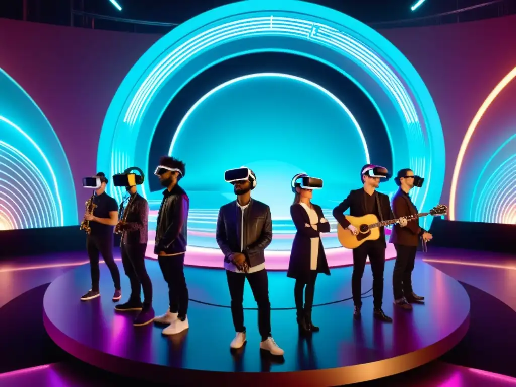 Coordinación de bandas musicales en realidad aumentada: Músicos con headsets de AR tocando en un escenario futurista con notas musicales holográficas