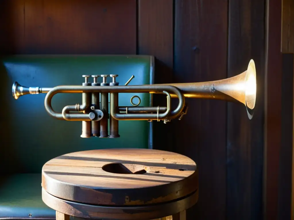 Una corneta en el Blues Delta, descansa sobre un taburete en un juke joint, iluminada por una lámpara, destacando sus detalles y atmósfera auténtica