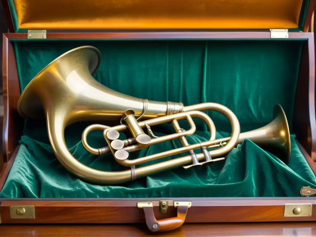 Un corno de caza en la música: Una hermosa corneta francesa antigua descansa sobre terciopelo, emanando tradición y artesanía