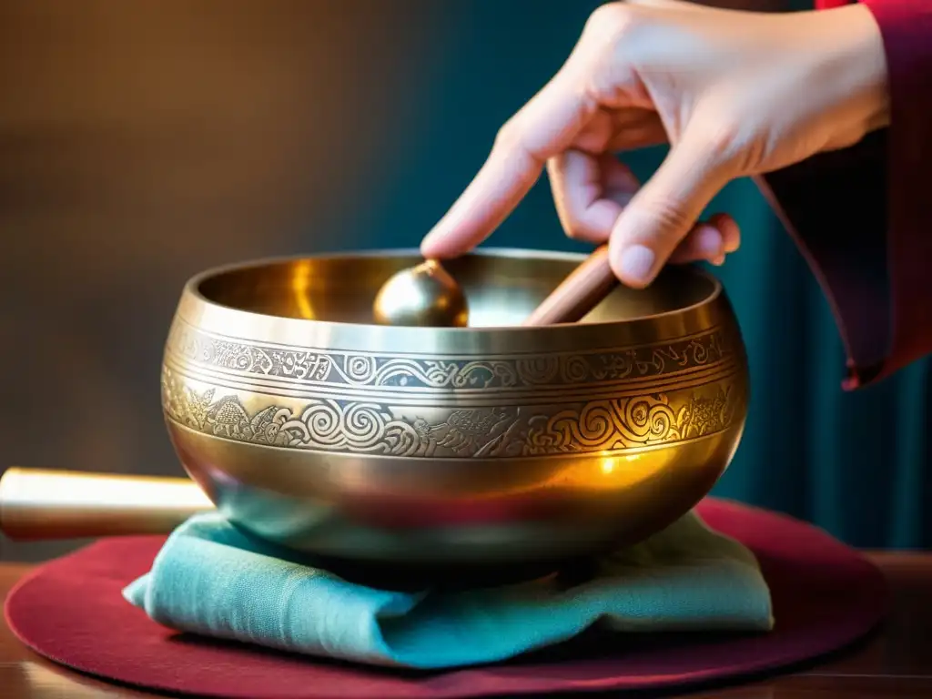 Un cuenco tibetano de bronce es tocado suavemente, creando vibraciones y ripples en el agua, en una atmósfera meditativa