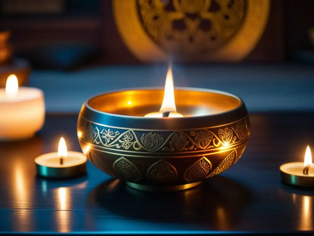 Un cuenco tibetano tallado descansa en una mesa de madera oscura, iluminado por velas