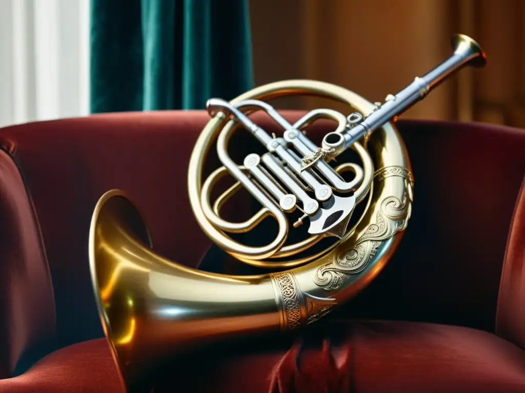 Un cuerno de caza francés descansa sobre un cojín de terciopelo, iluminado por la luz natural