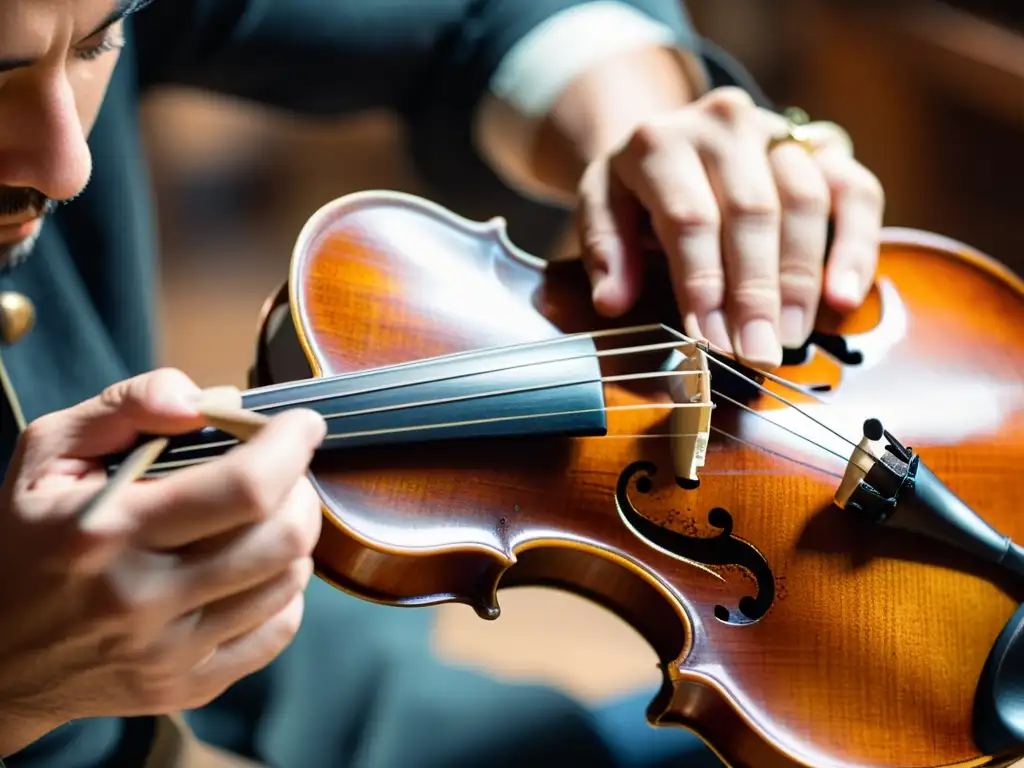 Un luthier restaura con cuidado un antiguo violín, rescatando su belleza y esplendor