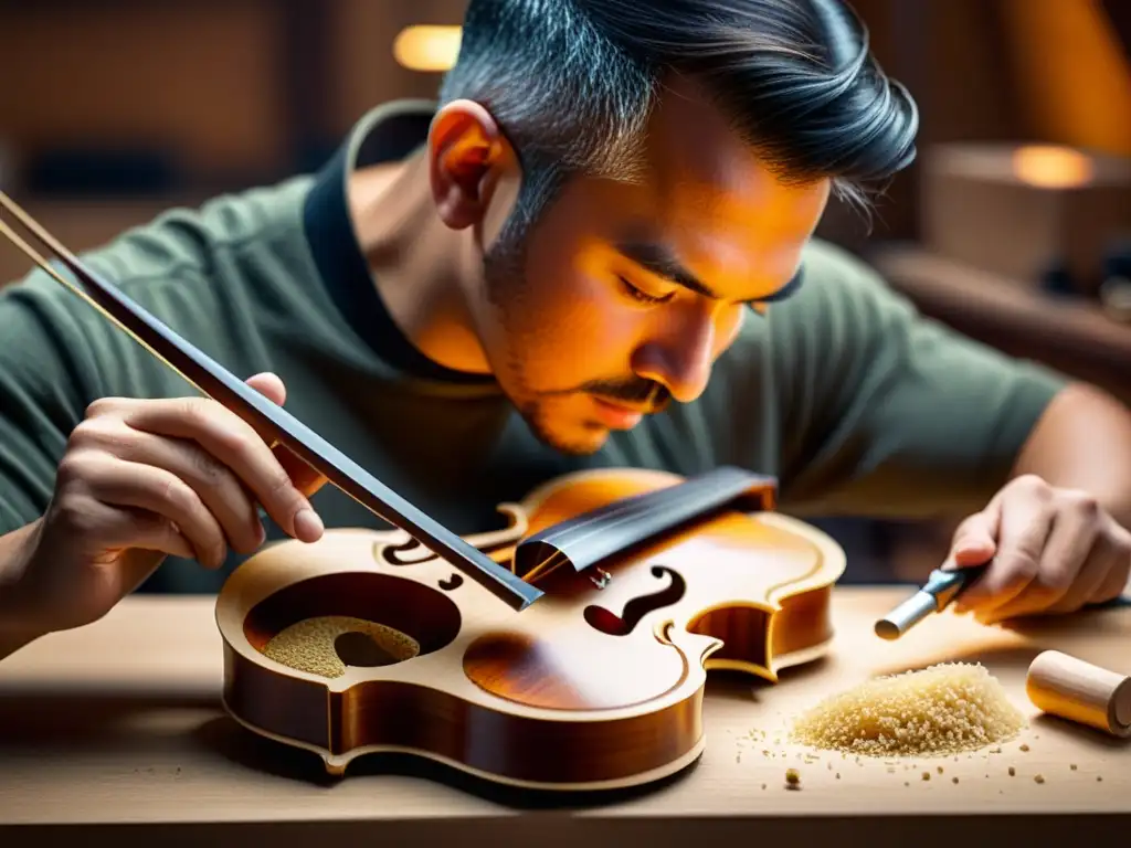 Un luthier hábil talla con cuidado un delicado f-hole en el cuerpo de un violín, utilizando un cincel fino para crear detalles intrincados y precisos