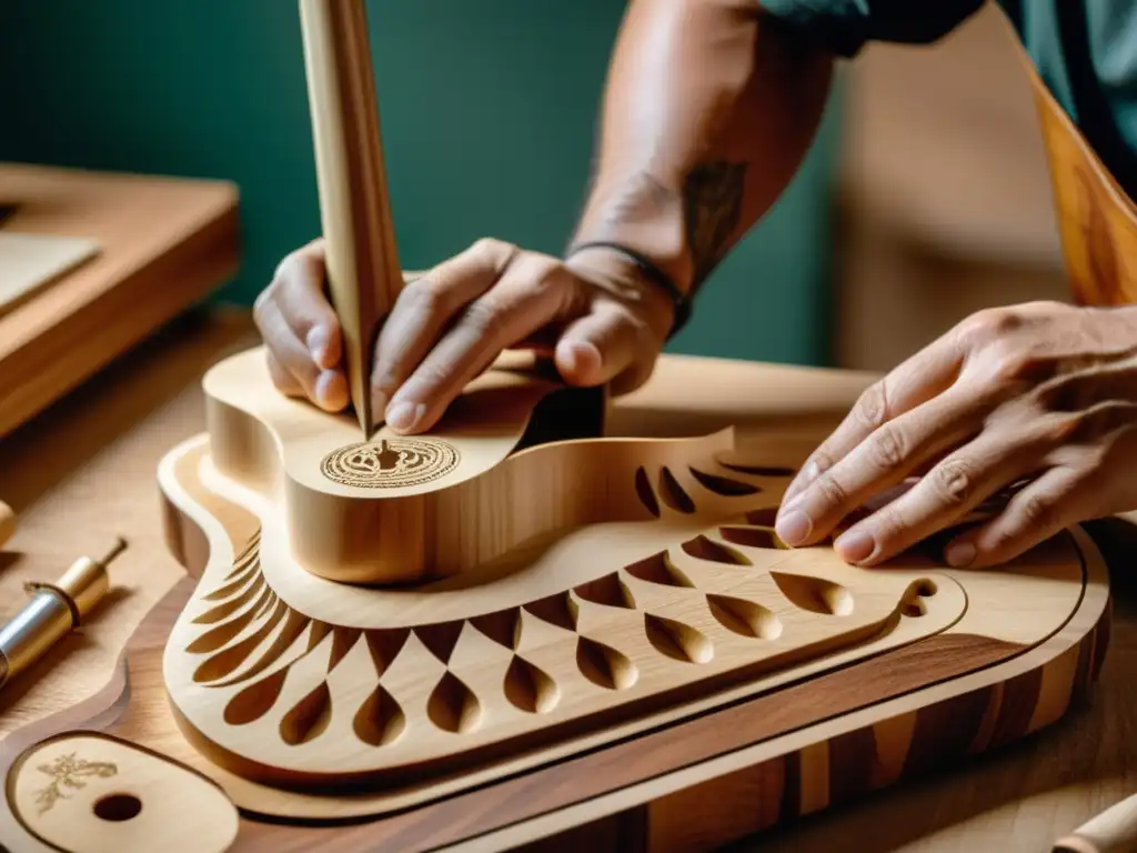 Un luthier esculpe con cuidado y destreza una guitarra de madera sostenible, resaltando la artesanía y materiales ecológicos en instrumentos musicales