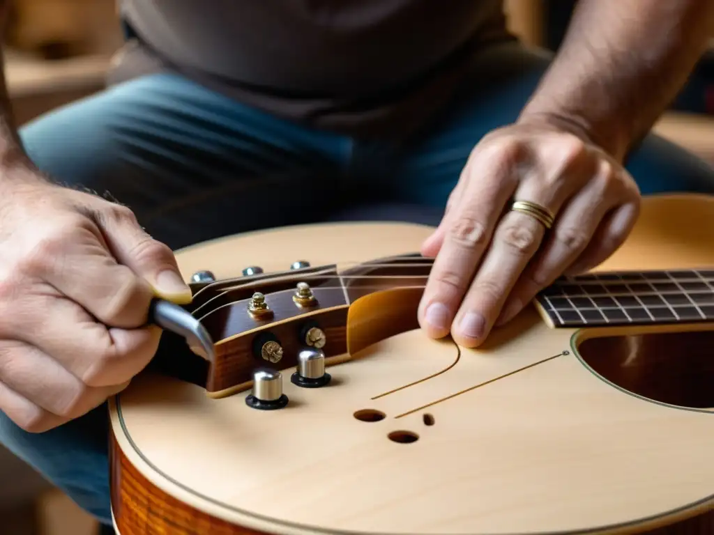 Un luthier ajusta con cuidado una guitarra eléctrica ergonómica en su taller iluminado, destacando el diseño ergonómico en instrumentos musicales