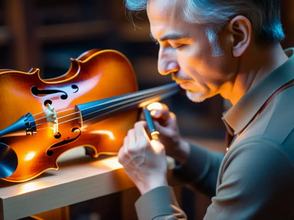 Un luthier examina con cuidado el interior de un violín centenario, iluminado por una tenue luz