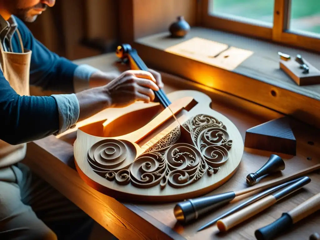 Un luthier talla con cuidado patrones en madera de abeto, rodeado de herramientas antiguas y delicadas piezas de violín, capturando la esencia de la preservación de instrumentos musicales y los conflictos éticos