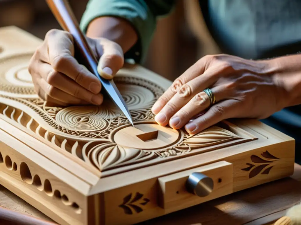 Un luthier hábil talla con cuidado una pieza de madera sostenible para crear un instrumento de cuerda tradicional