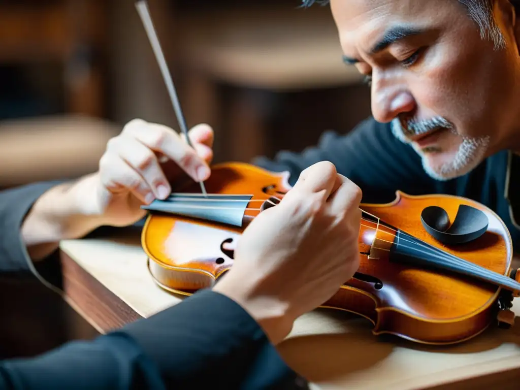 Un luthier restaura con cuidado un violín antiguo, capturando la esencia de la restauración de instrumentos musicales antiguos