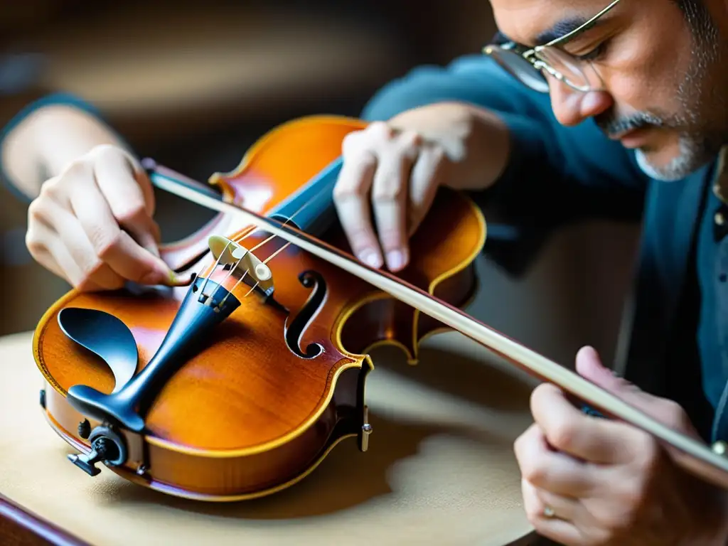 Un luthier restaura con cuidado un violín antiguo, resaltando la precisión y la dedicación en la restauración de instrumentos musicales antiguos